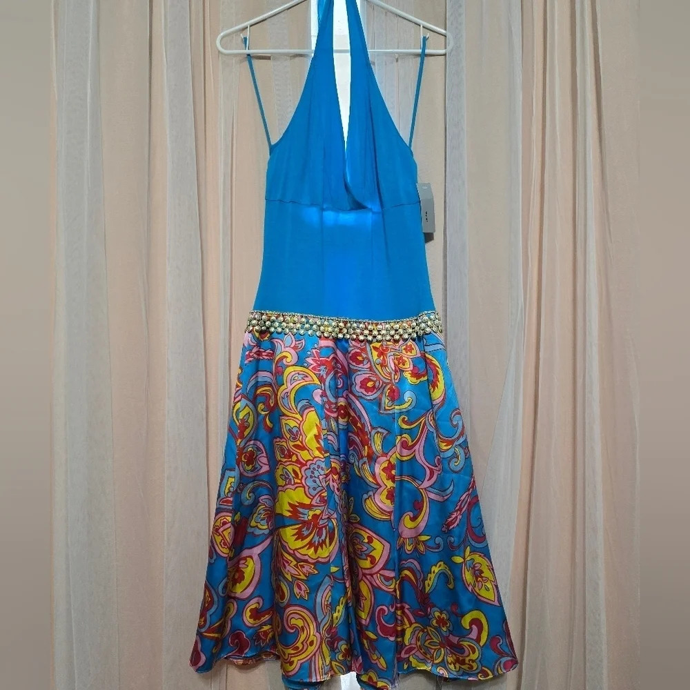 NWT WD.NY Modal Knit & Silk Retro Print Halter Midi Dress w/Gold Waist Accent.